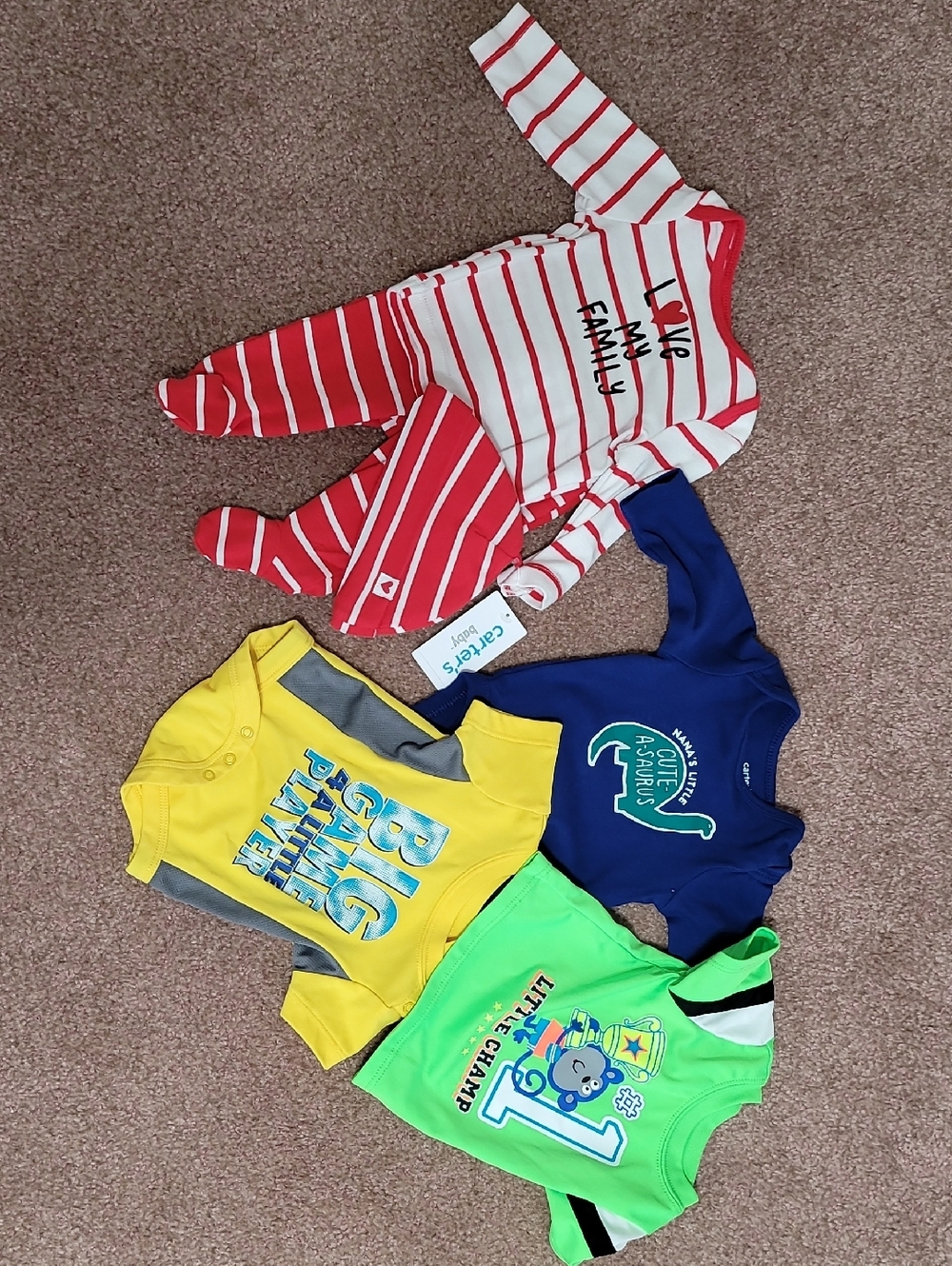 Baby Playwear Bundle - Striped Red & White Sleeper + Yellow, Navy & Lime Tops